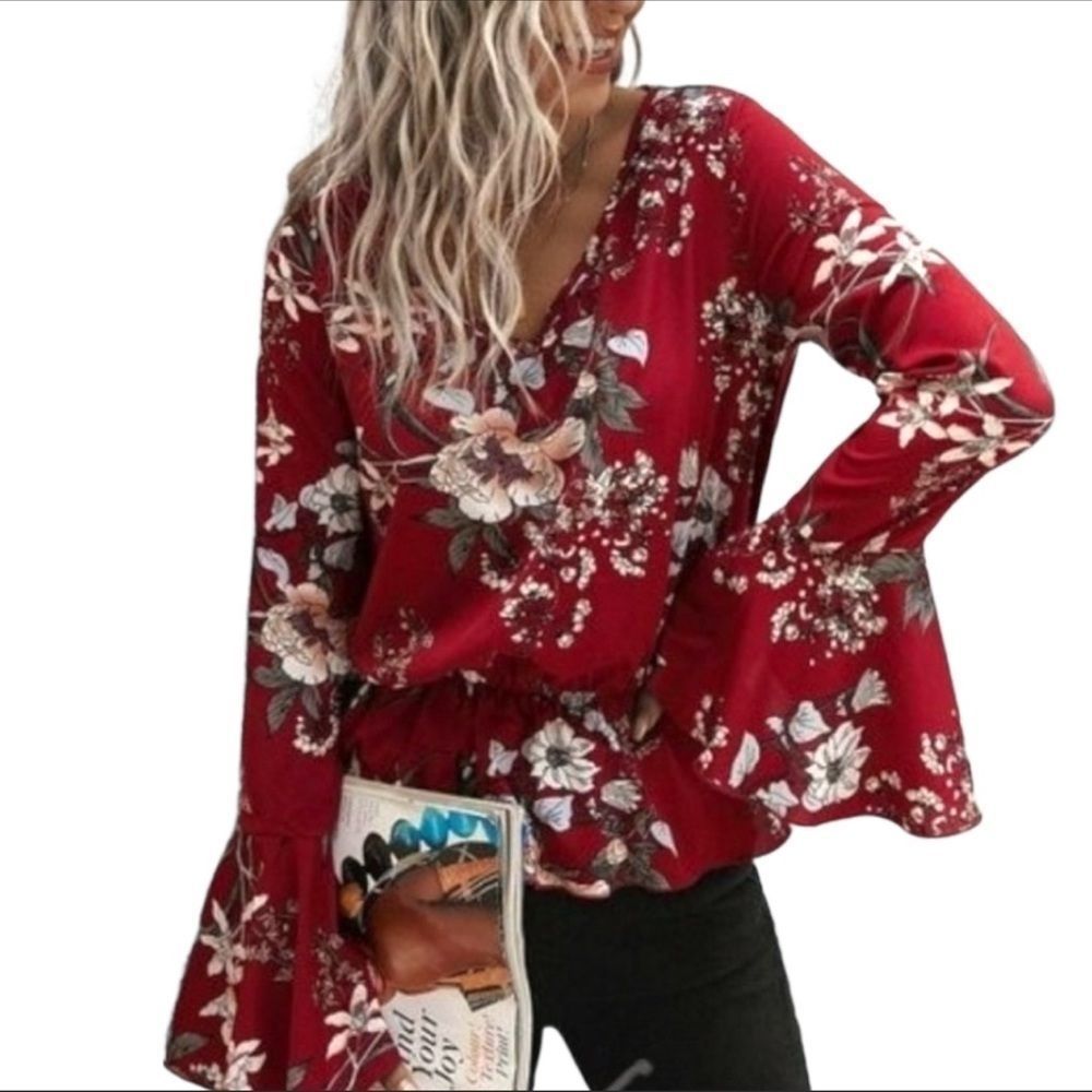 RED Floral Bell Sleeve V Neck